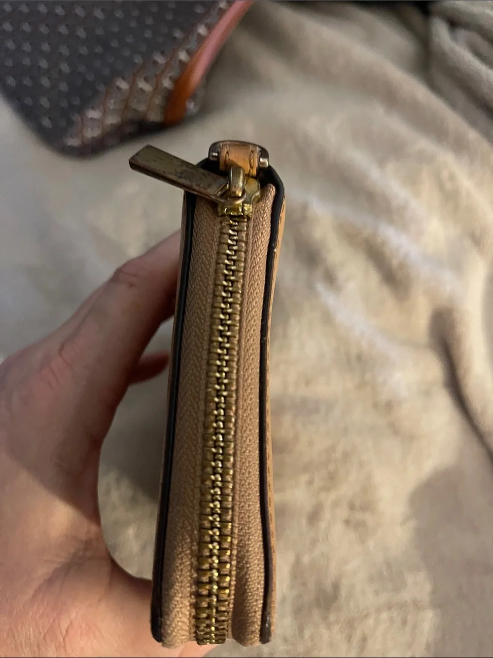 Tory Burch Camel/Tan Leather Zip Wallet with Gold Logo